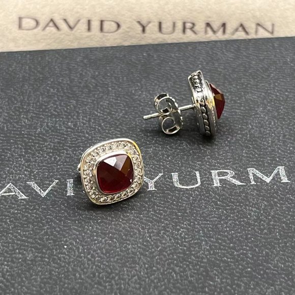 David Yurman Sterling Silver Garnet Stud Earrings with Pave Diamonds - Picture 7 of 12